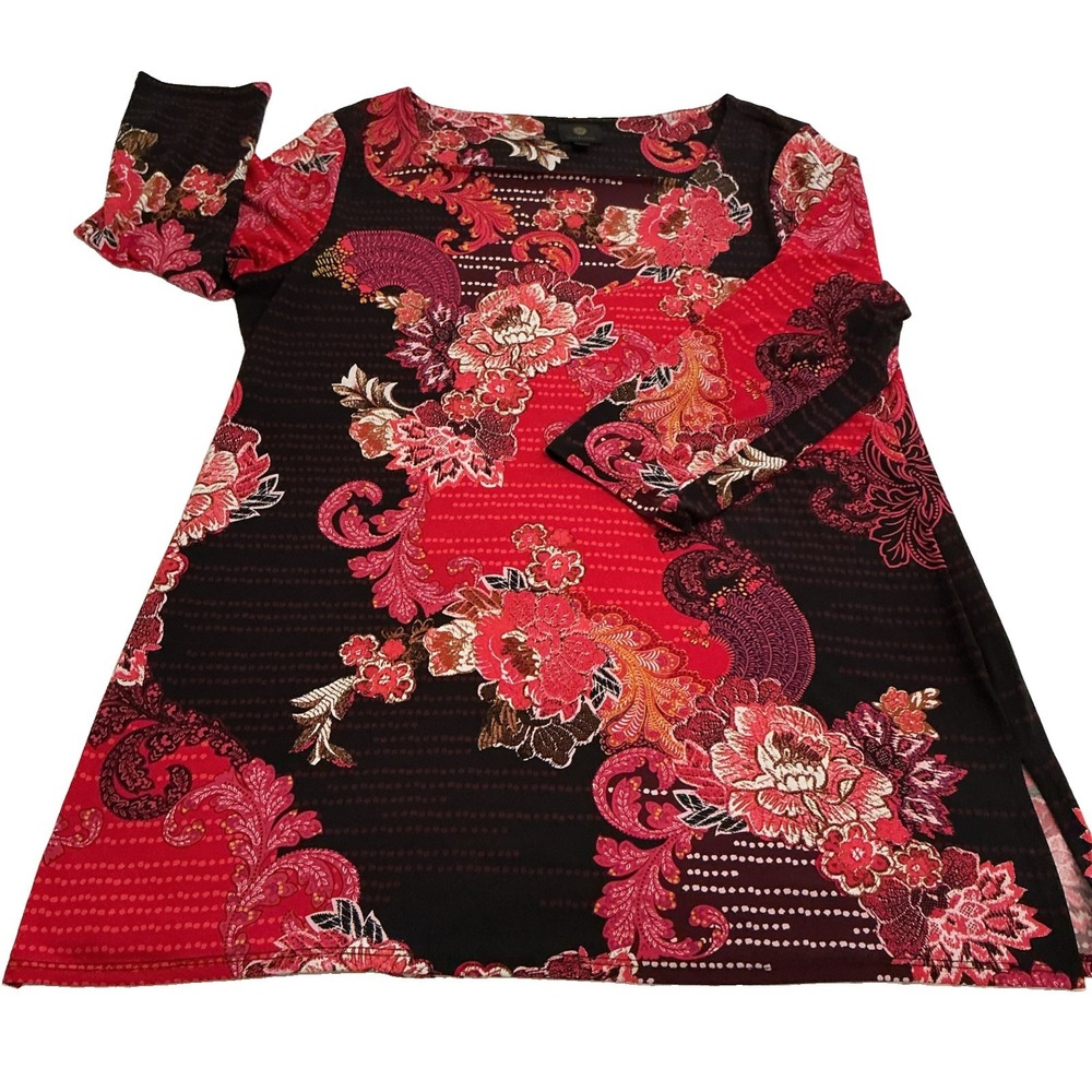 JM Collection Black Red Burgundy Floral and Paisley Design Blouse Women's Large